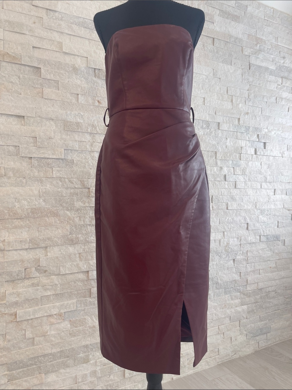 Karina Grimaldi Strapless Burgundy Leather Midi Dress